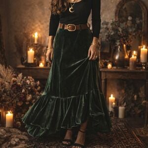 Dark Green Velvet Maxi Skirt Ruffle Hem Romantic Goth Boho 90s Revival Size L